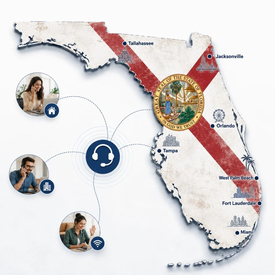 Florida state outline with icons for mobile, office, remote team and call center connected to a central phone pin
